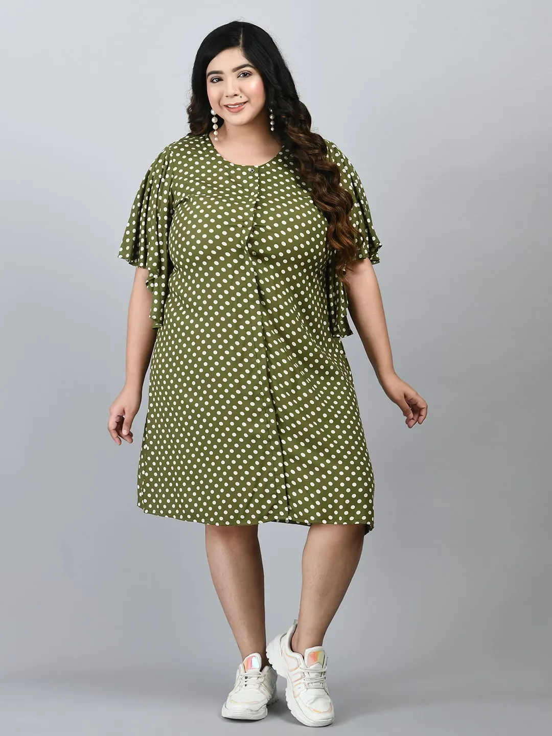 Plus Size Plus Size Green Polka Dots A-Line Dress