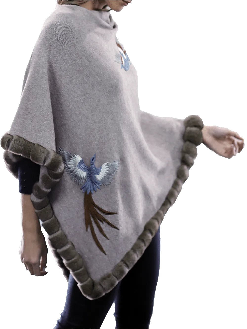 Poncho with embroidery and rex trim - Oatmeal