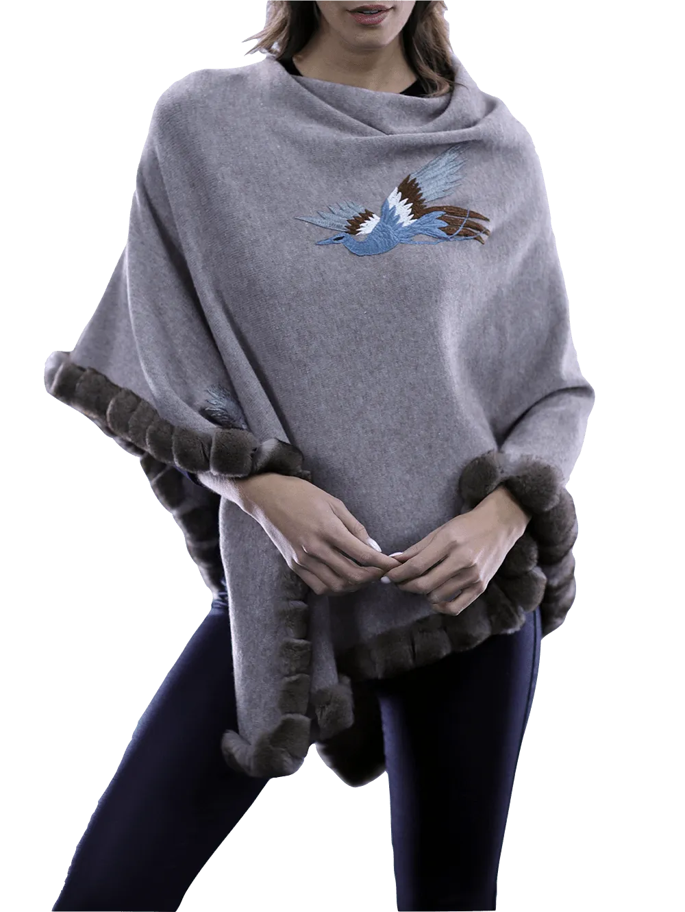 Poncho with embroidery and rex trim - Oatmeal