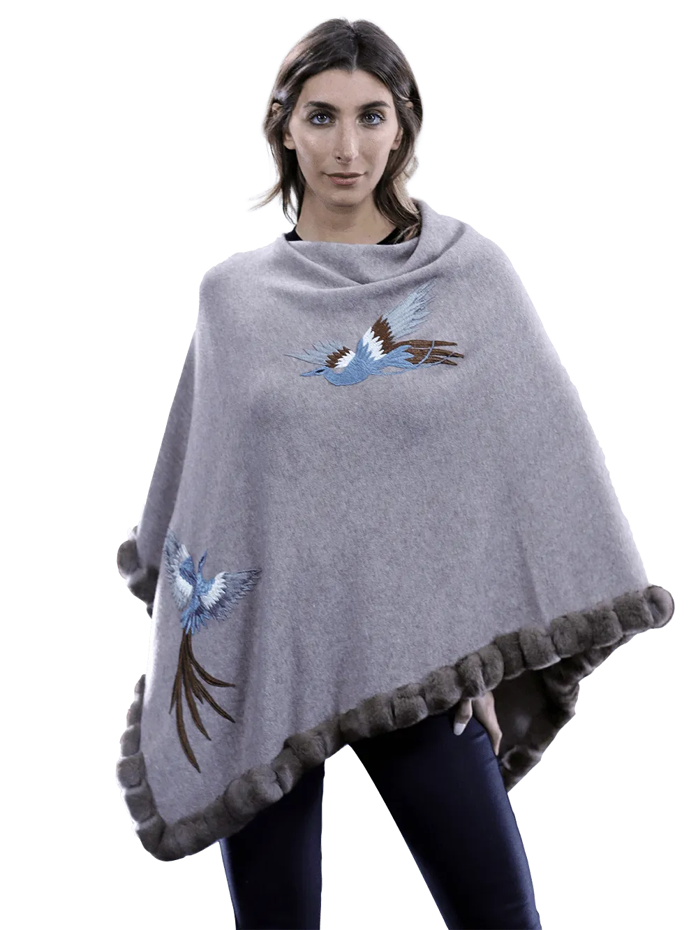 Poncho with embroidery and rex trim - Oatmeal