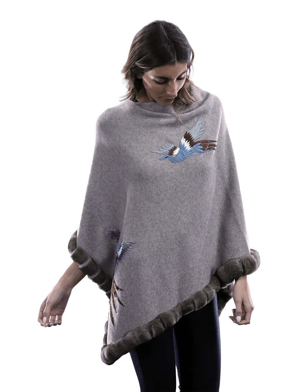 Poncho with embroidery and rex trim - Oatmeal