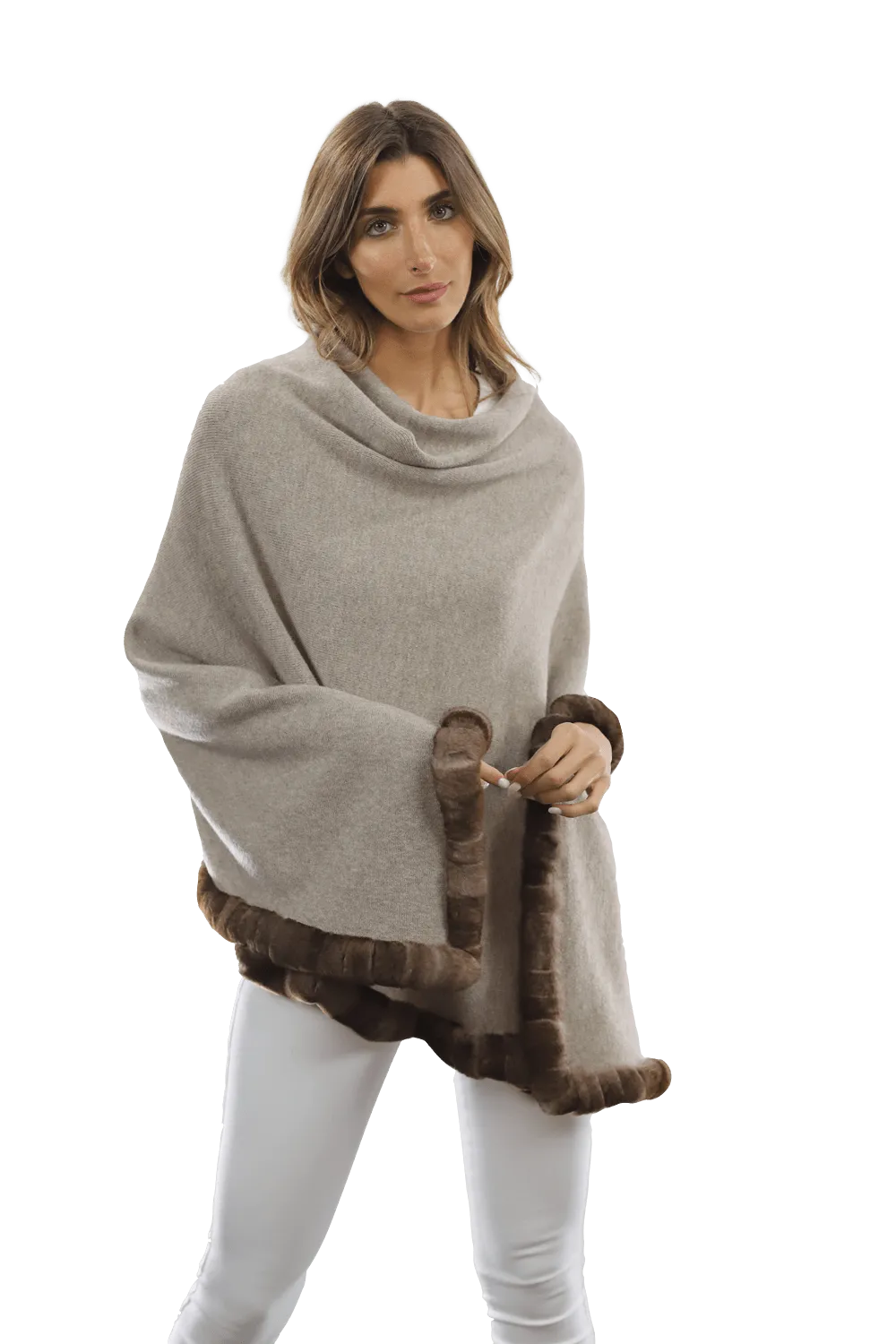 Poncho with Rex Rabbit Trim - Oatmeal