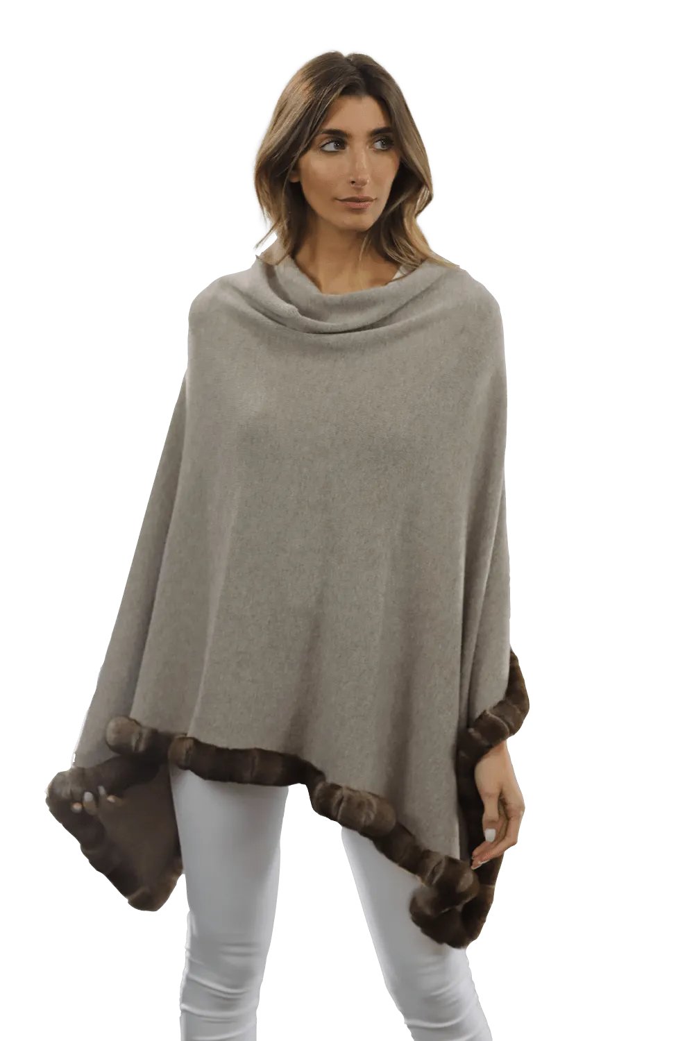 Poncho with Rex Rabbit Trim - Oatmeal