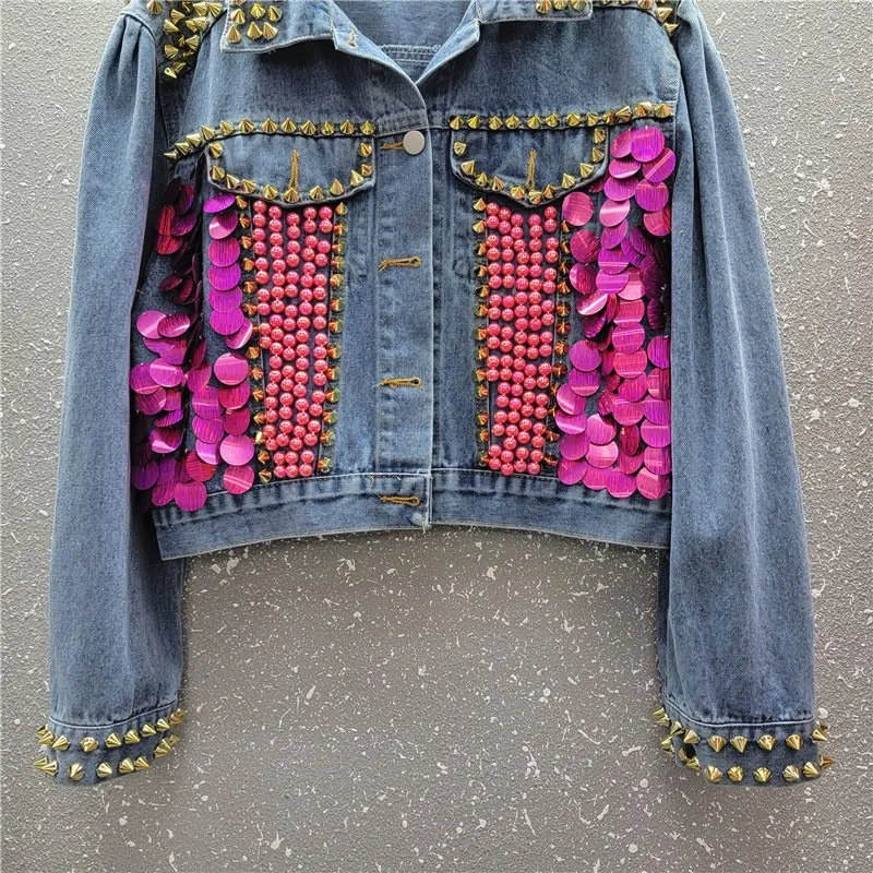 Pre Order:  Sequined Puff Sleeve Short Denim Jacket