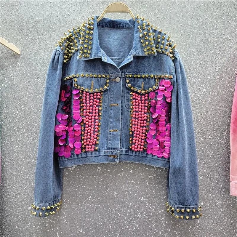 Pre Order:  Sequined Puff Sleeve Short Denim Jacket