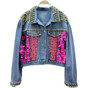 Pre Order:  Sequined Puff Sleeve Short Denim Jacket