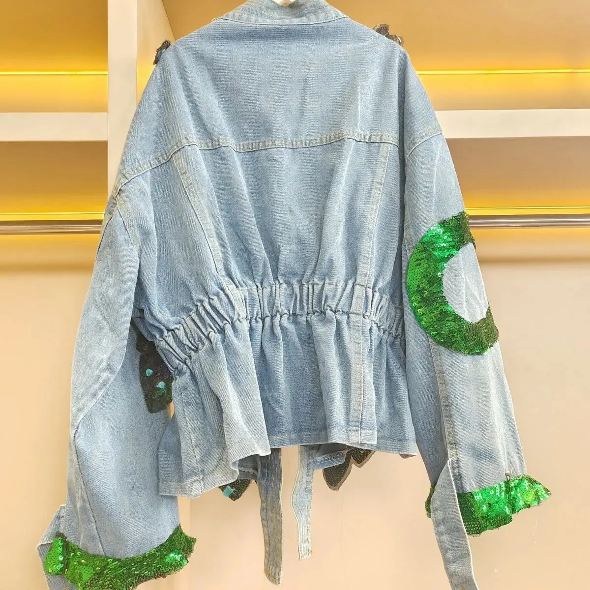 Pre Order:  V-neck 3D Peacock Sequined Embroidery Denim Jacket