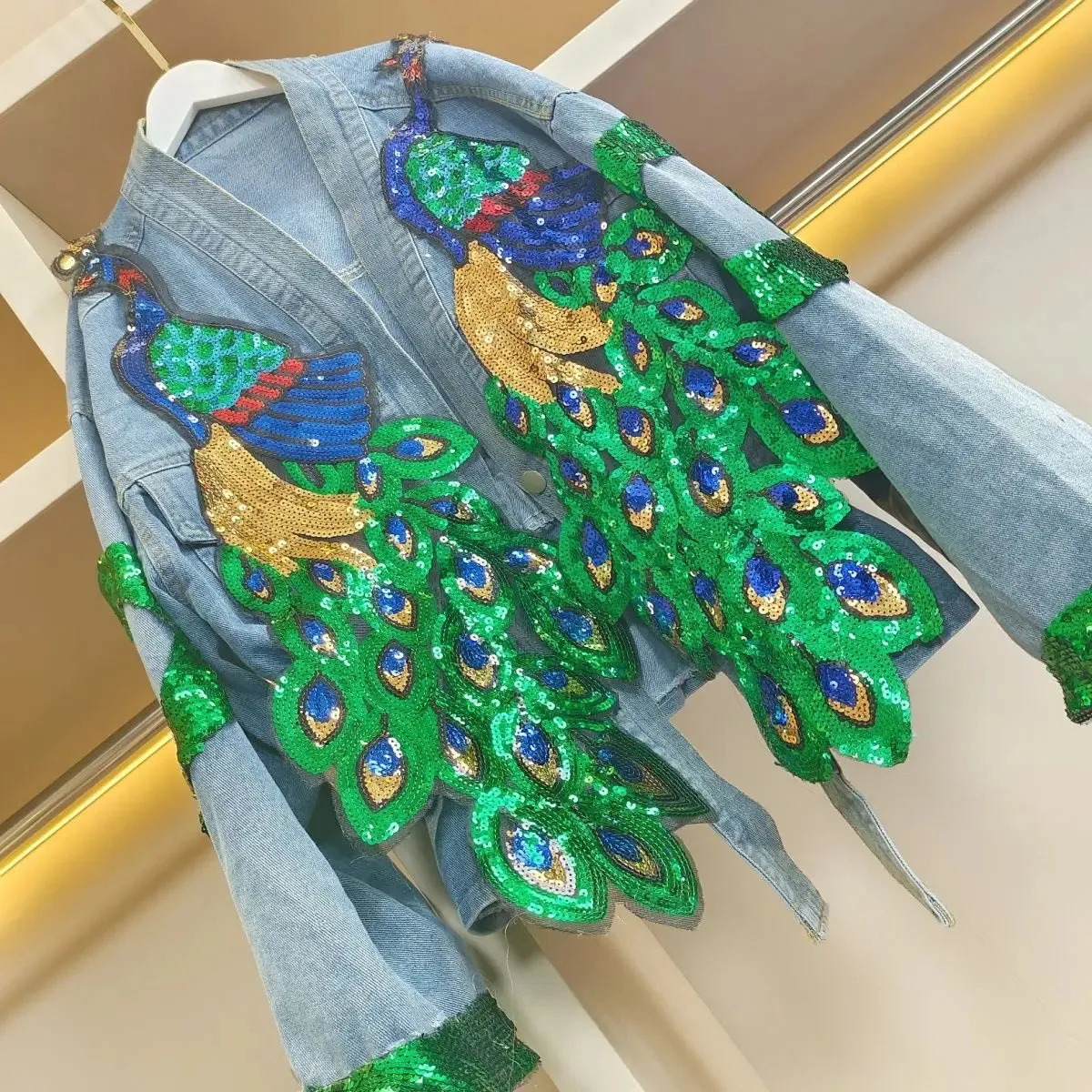 Pre Order:  V-neck 3D Peacock Sequined Embroidery Denim Jacket