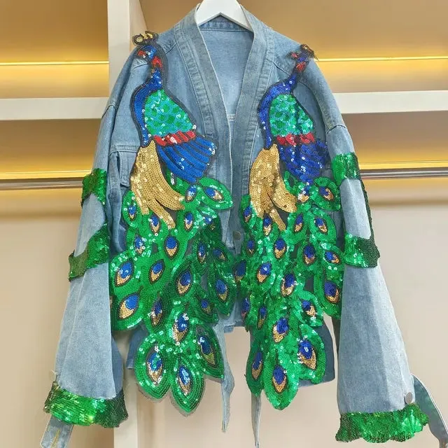 Pre Order:  V-neck 3D Peacock Sequined Embroidery Denim Jacket