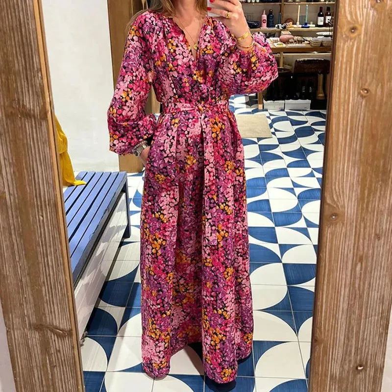 Print High Waisted Women Robe Spring Summer Loose Tie Up Bohemian Fashion V-neck Lantern Sleeve Holiday Floral Floral Dress