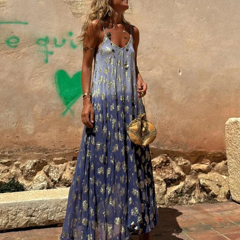 Printed Loose Bohemian V-neck Spaghetti Strap Long Sexy Hollow Pleated Summer Gradient Dress