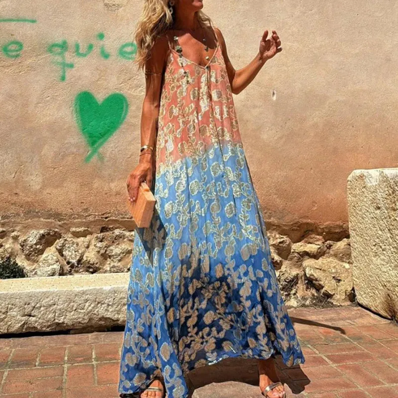 Printed Loose Bohemian V-neck Spaghetti Strap Long Sexy Hollow Pleated Summer Gradient Dress