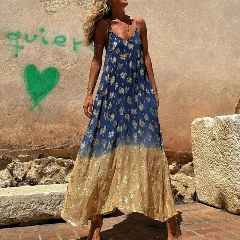 Printed Loose Bohemian V-neck Spaghetti Strap Long Sexy Hollow Pleated Summer Gradient Dress