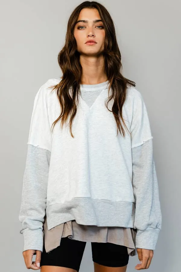 Raw Edge Detail Contrast Sweatshirt: S-M-L (2-2-2) / LT GREY/GREY