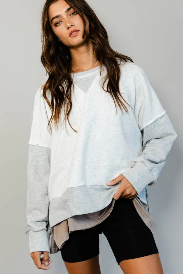 Raw Edge Detail Contrast Sweatshirt: S-M-L (2-2-2) / LT GREY/GREY