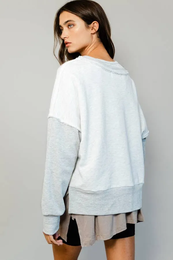 Raw Edge Detail Contrast Sweatshirt: S-M-L (2-2-2) / LT GREY/GREY