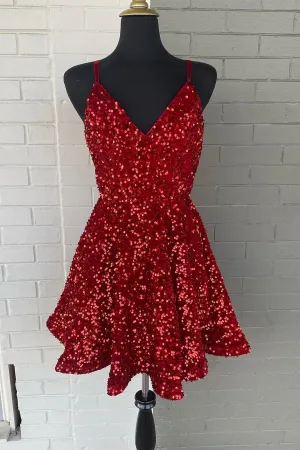 Red Sequins Classic Short Juniors Homecoming Dress