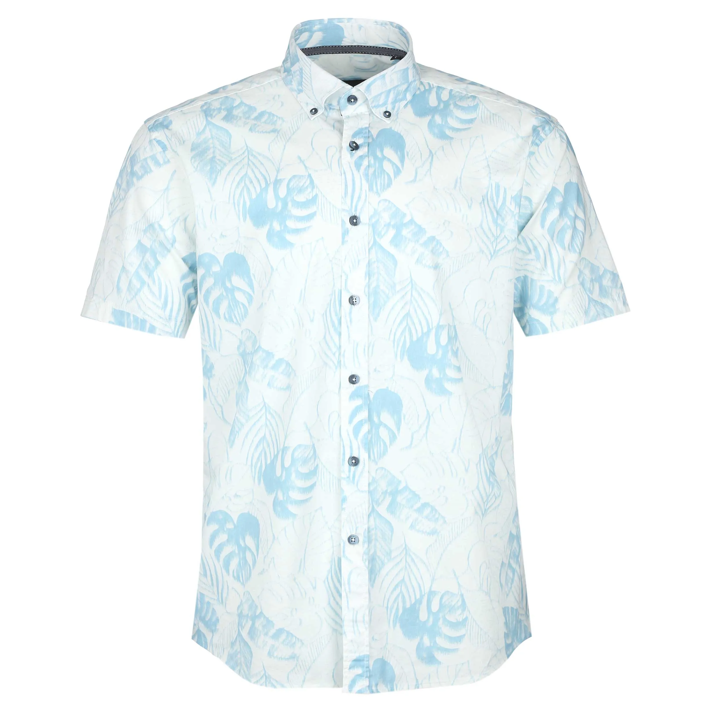 Remus Uomo Large Leaf Floral Print SS Shirt in White & Sky Blue