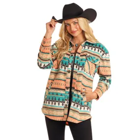 Rock & Roll Women's Turquoise & Coral Aztec Fleece Shacket