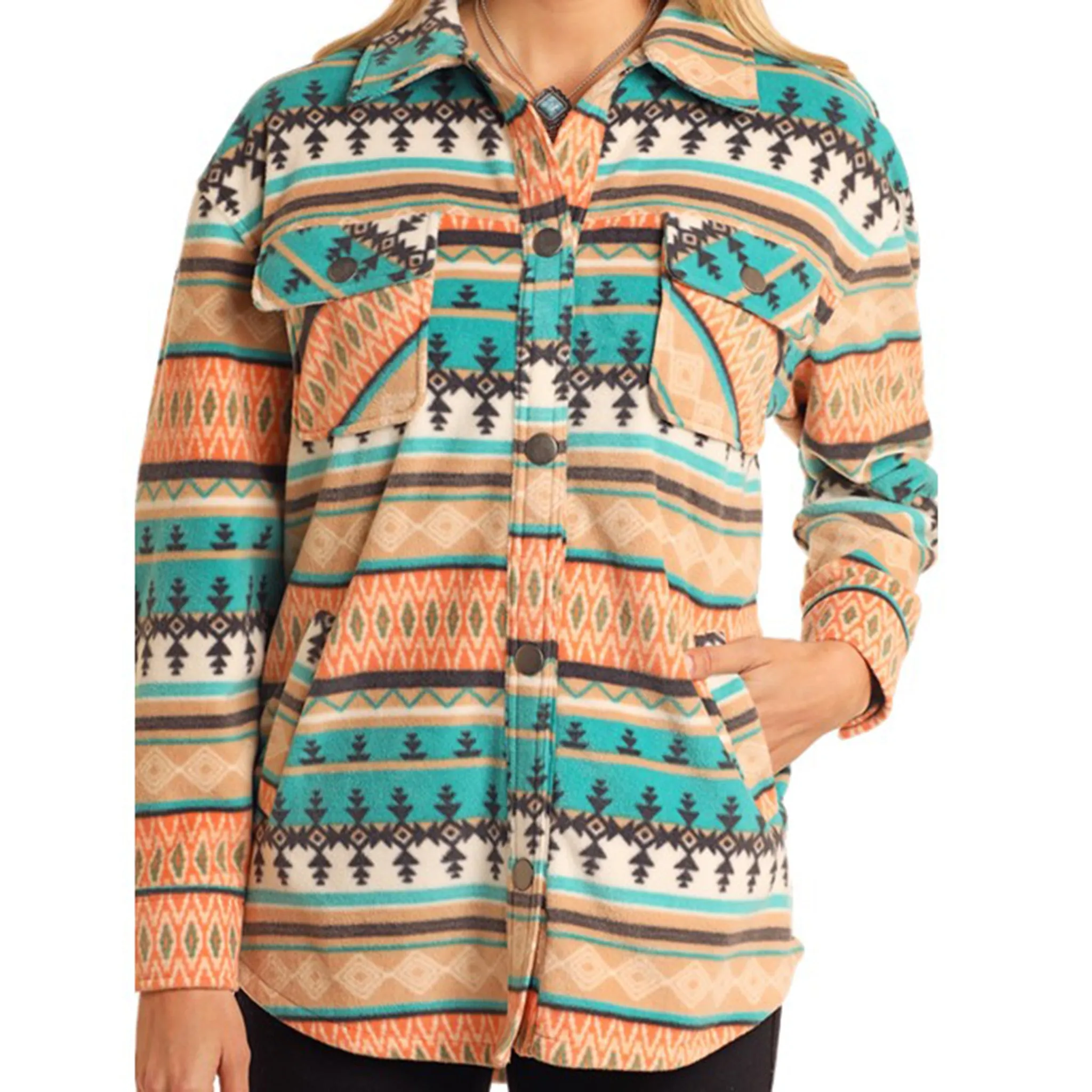 Rock & Roll Women's Turquoise & Coral Aztec Fleece Shacket