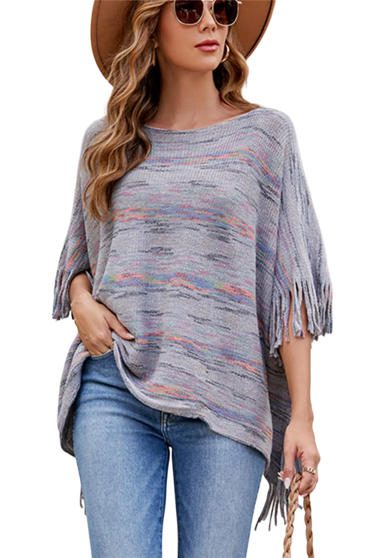 Round Neck Fringe Detail Sleeve Poncho