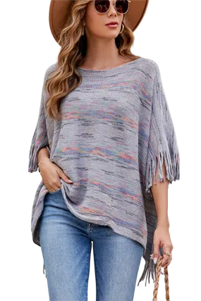 Round Neck Fringe Detail Sleeve Poncho