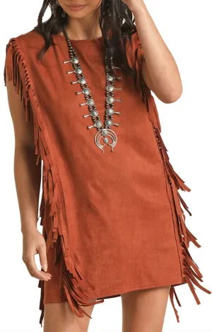 RRWRD0R0Y5 - Rock&Roll Denim Women's Fringe Microsuede Dress - Copper