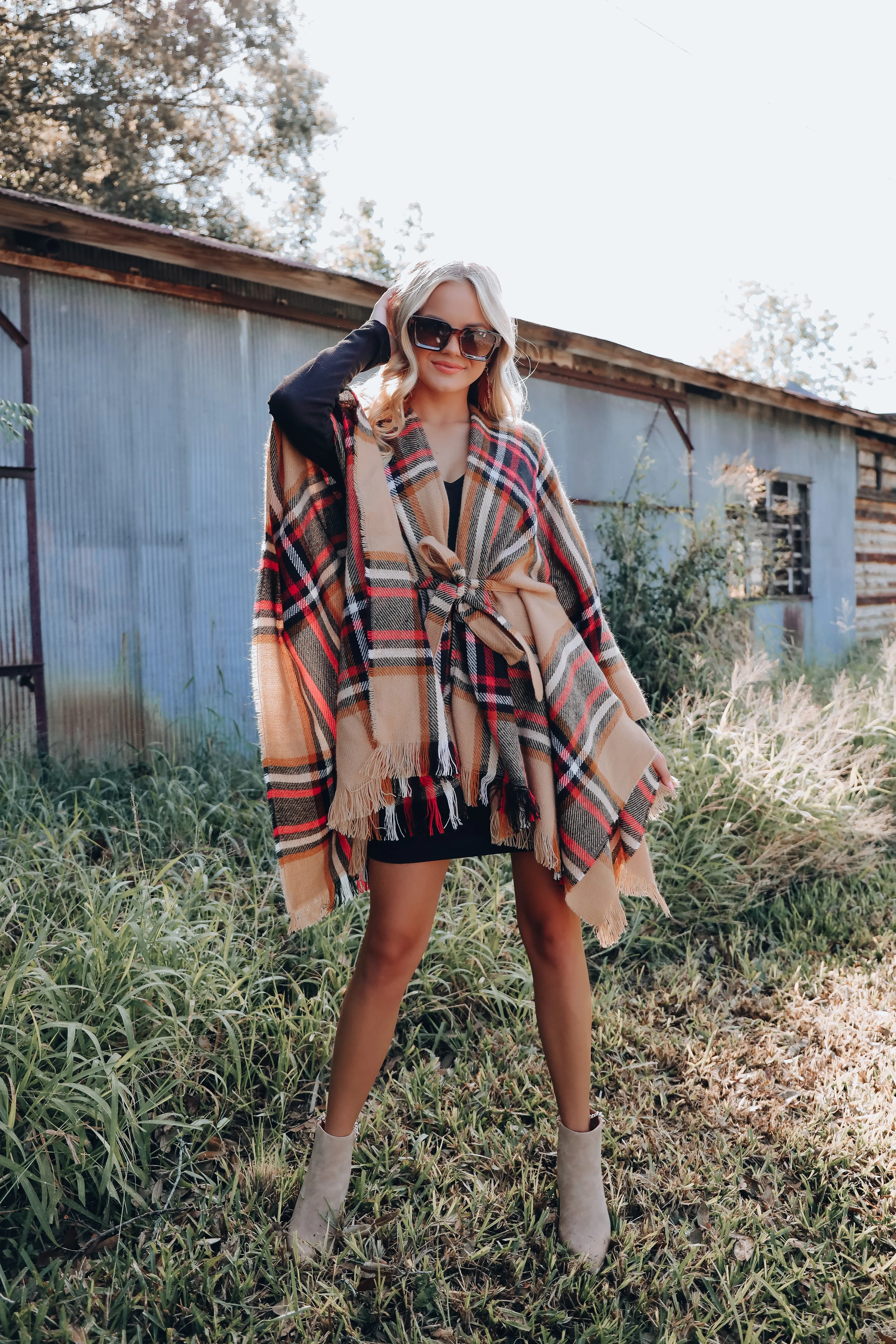 Ruana Belted Plaid Poncho - Tan/Red