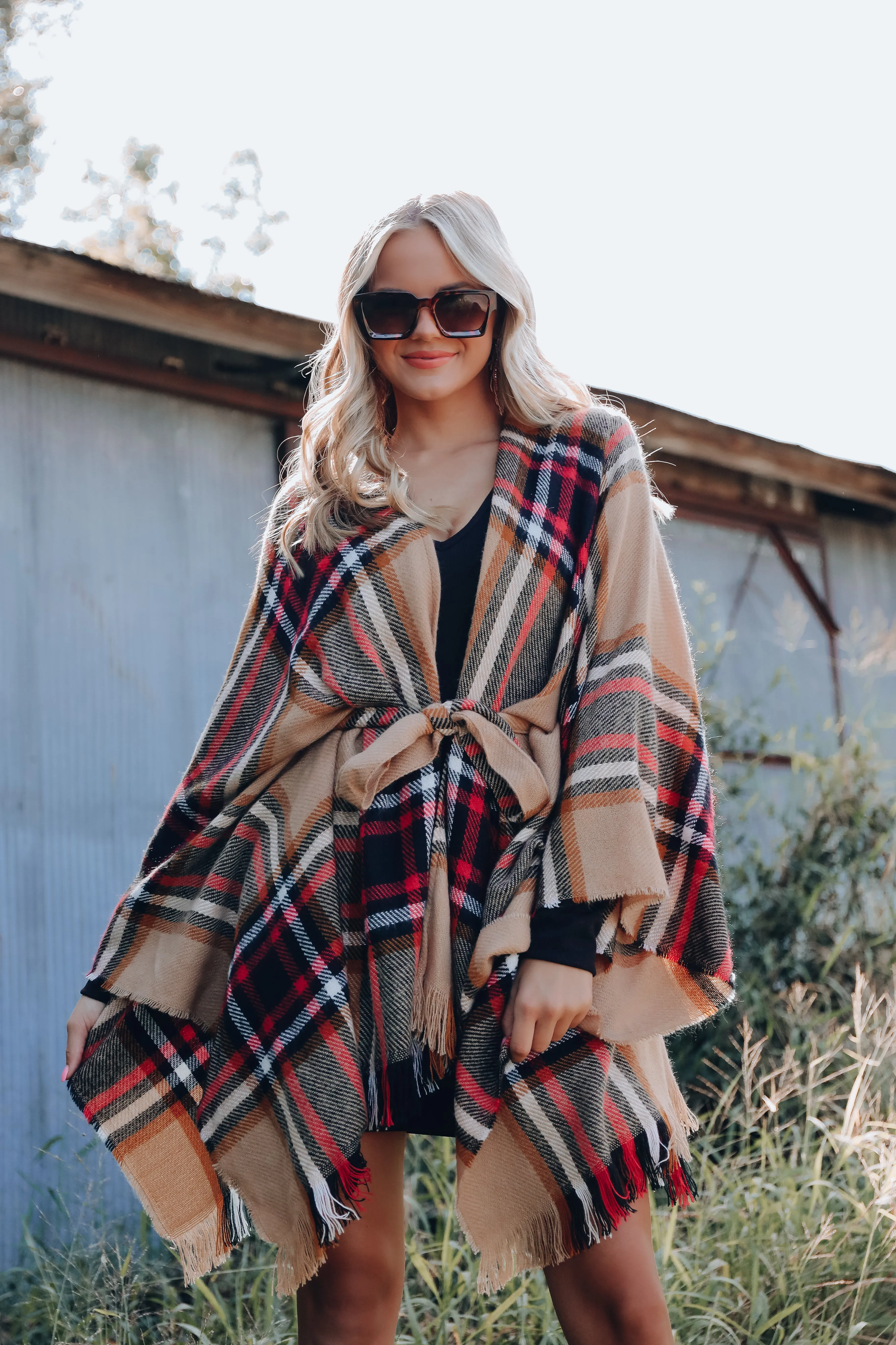 Ruana Belted Plaid Poncho - Tan/Red