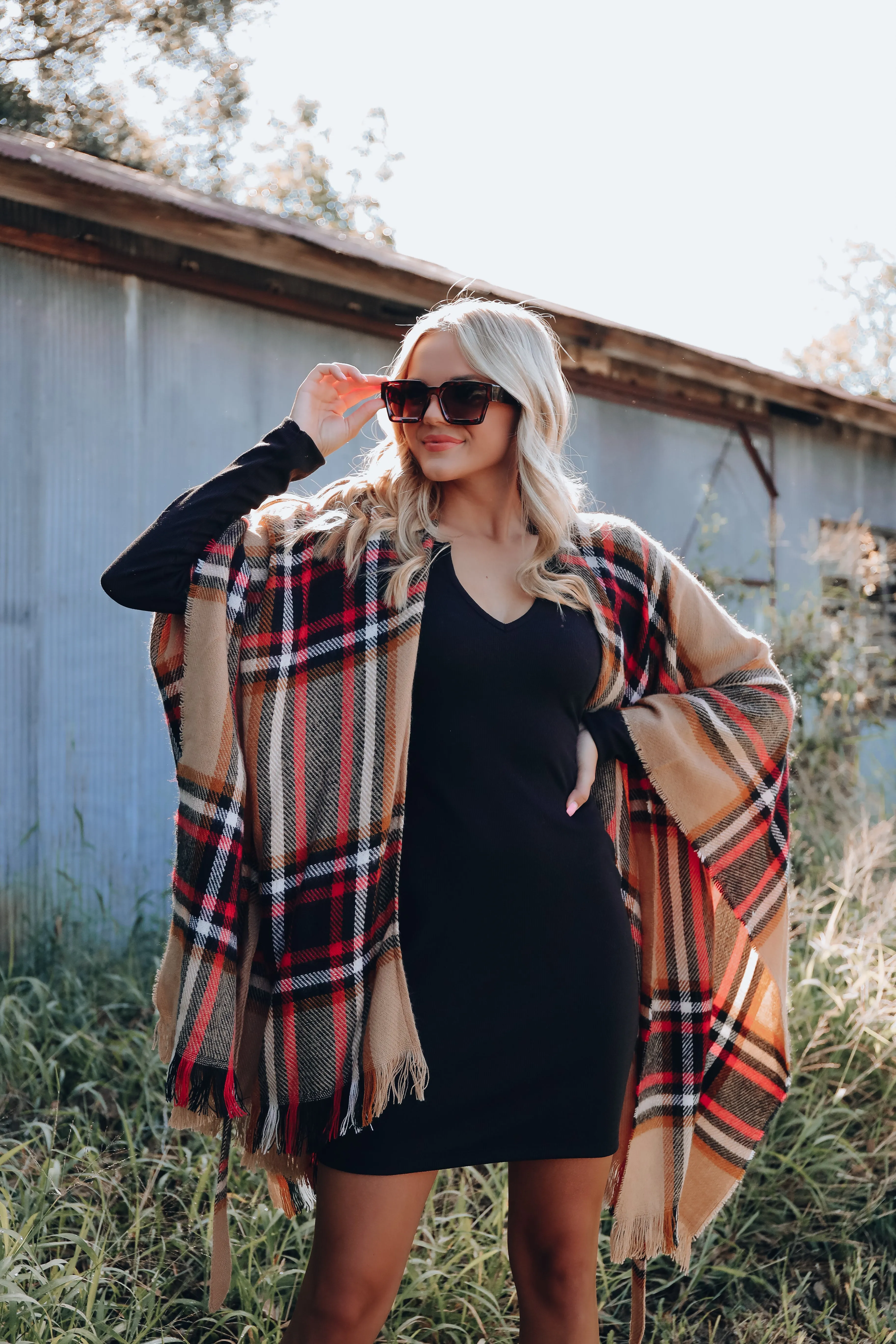 Ruana Belted Plaid Poncho - Tan/Red