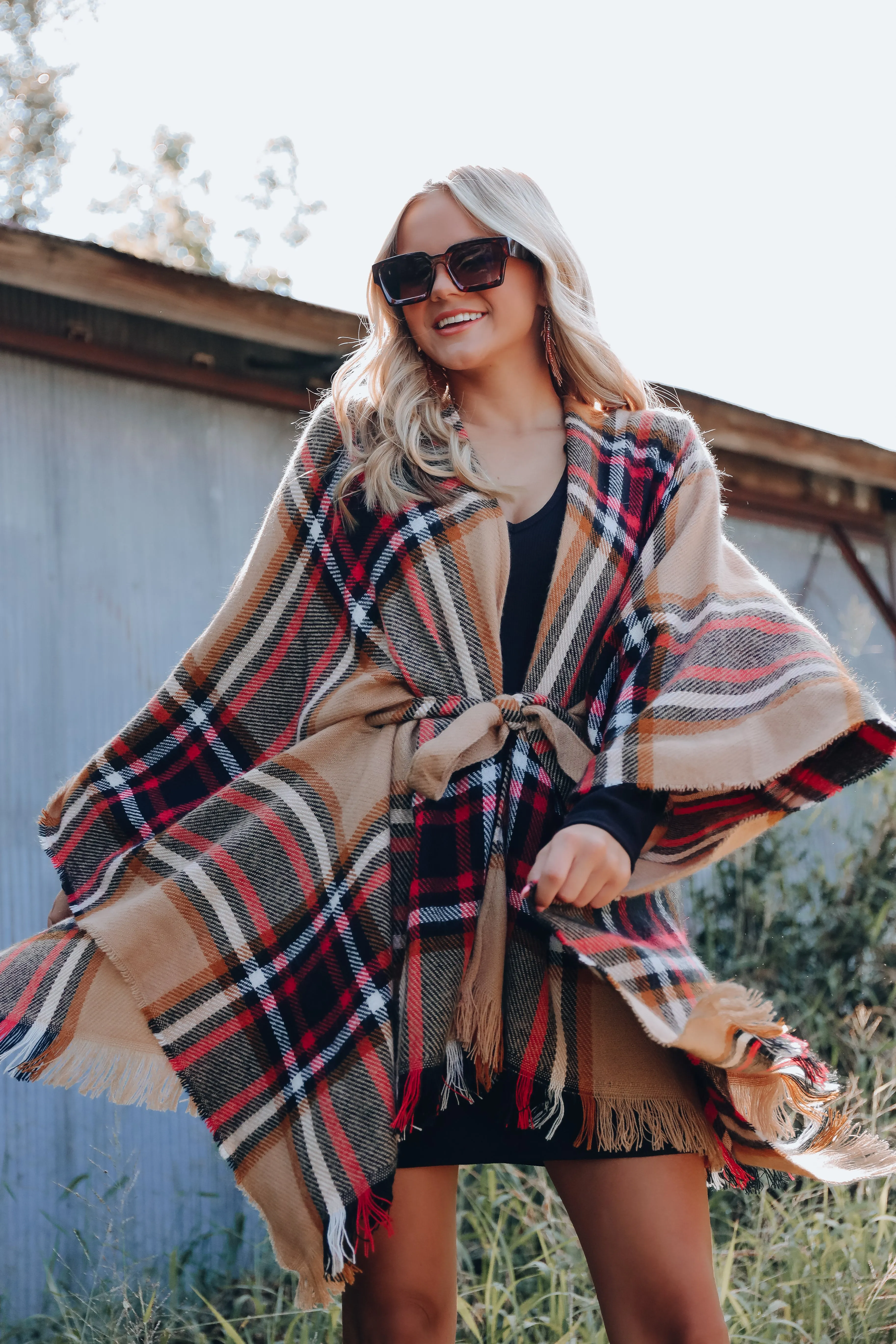 Ruana Belted Plaid Poncho - Tan/Red