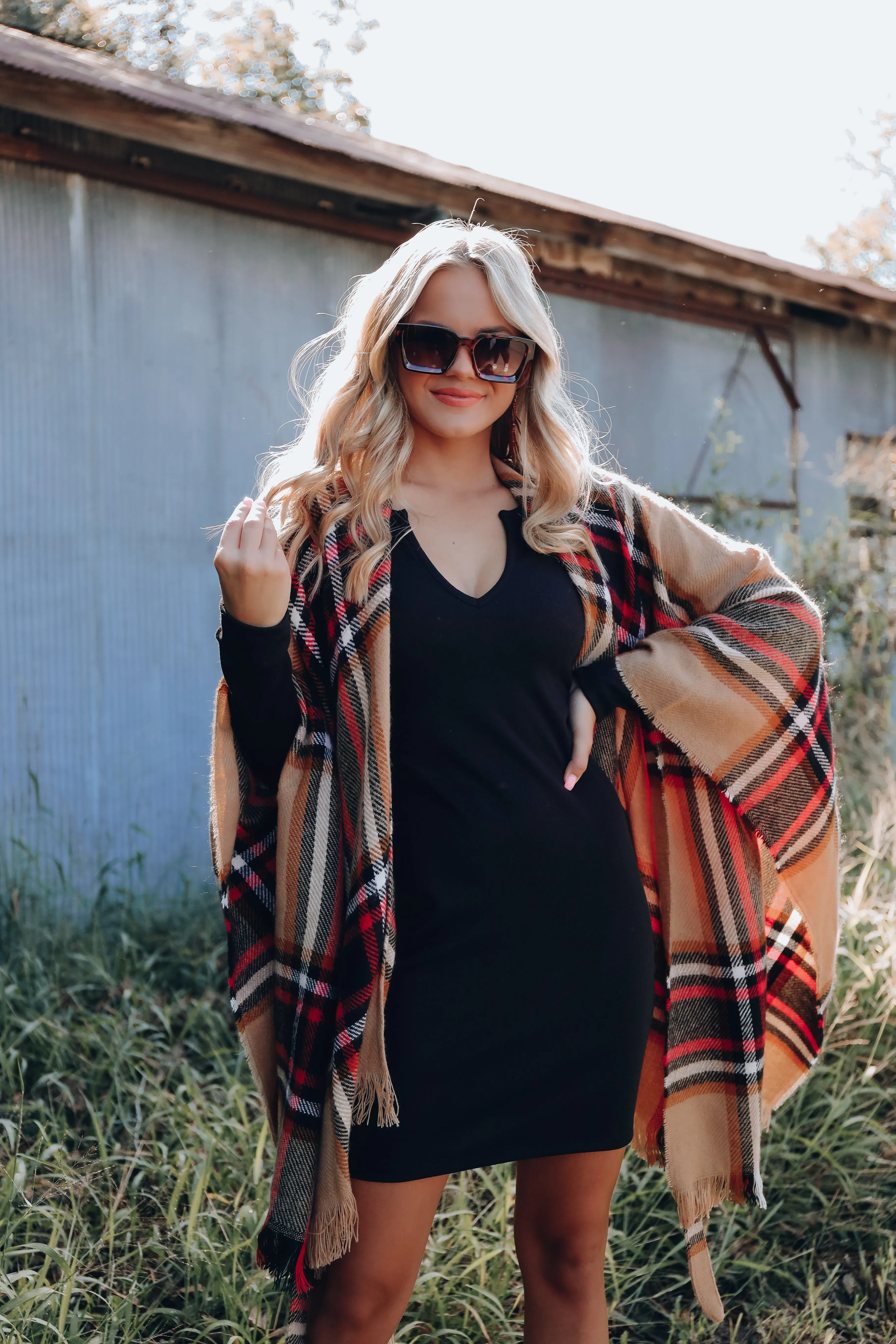 Ruana Belted Plaid Poncho - Tan/Red