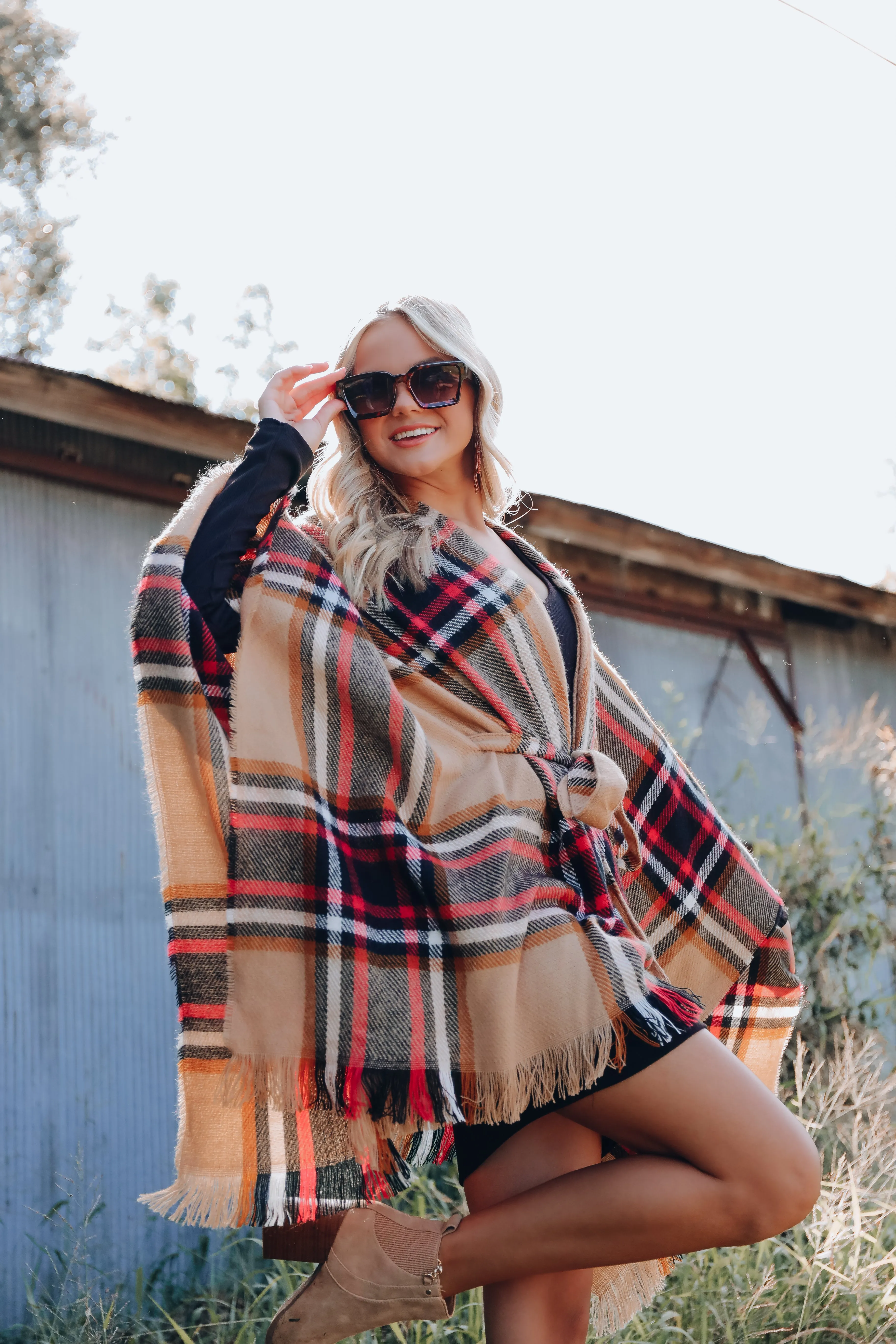 Ruana Belted Plaid Poncho - Tan/Red