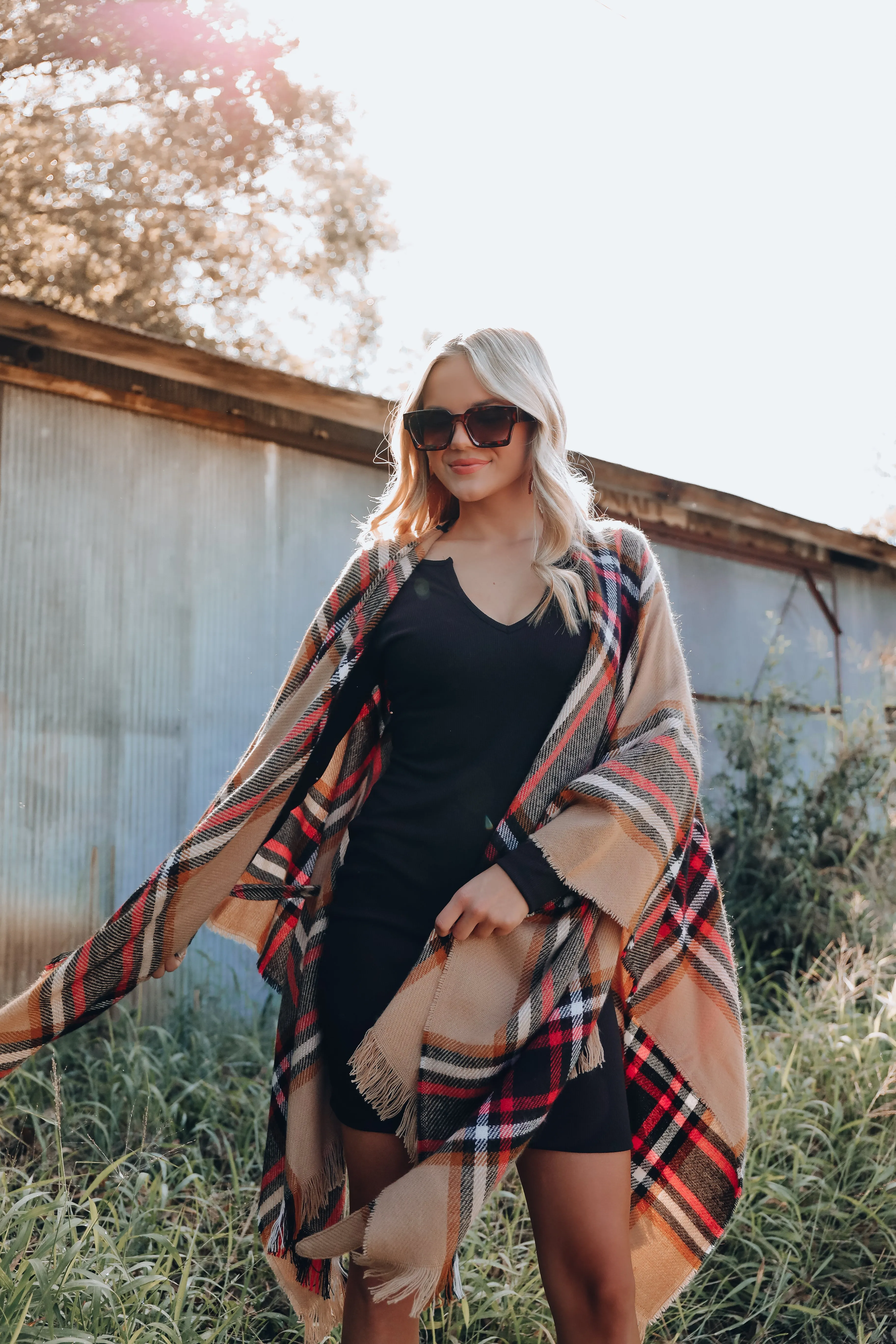 Ruana Belted Plaid Poncho - Tan/Red