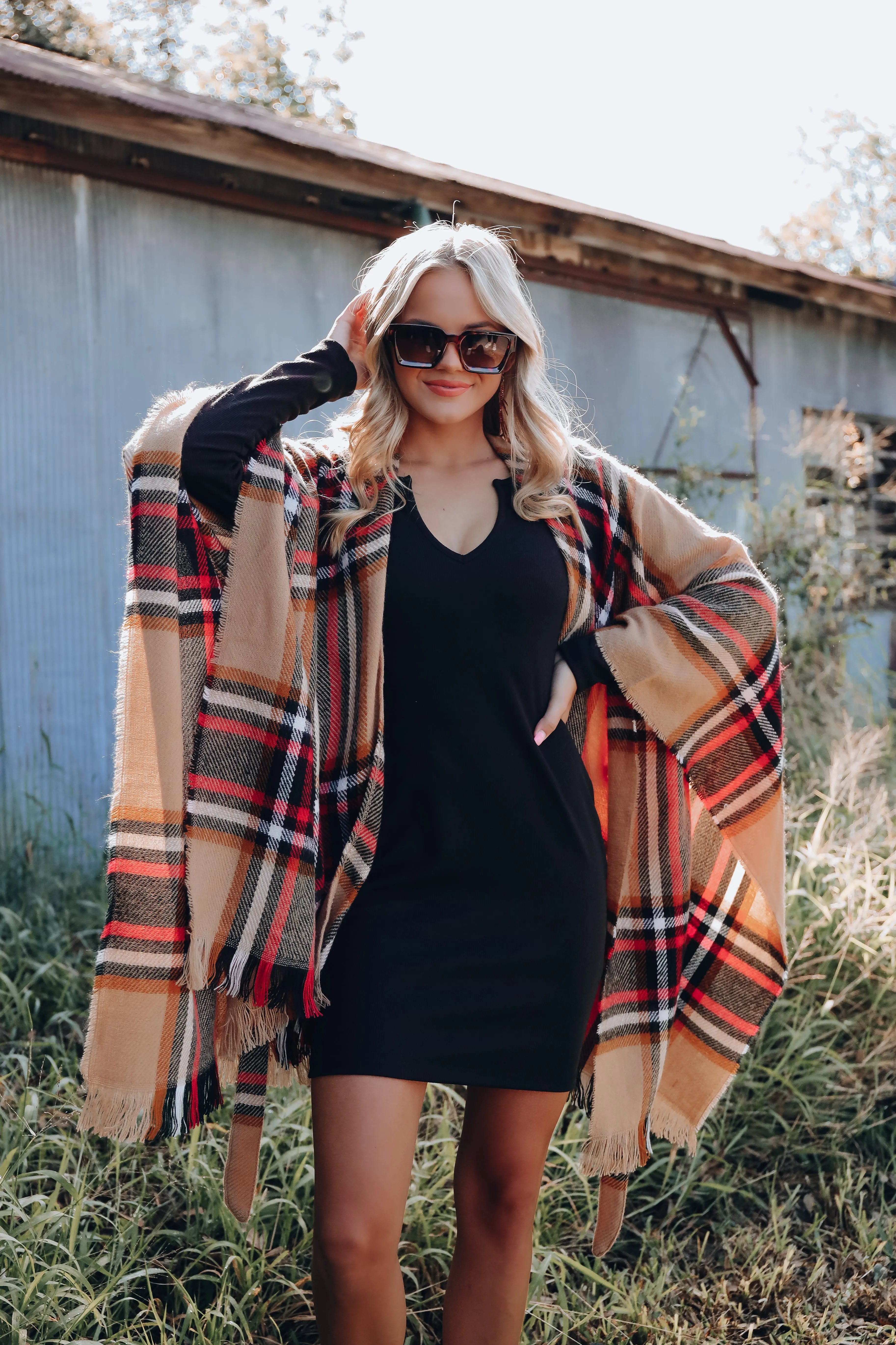 Ruana Belted Plaid Poncho - Tan/Red