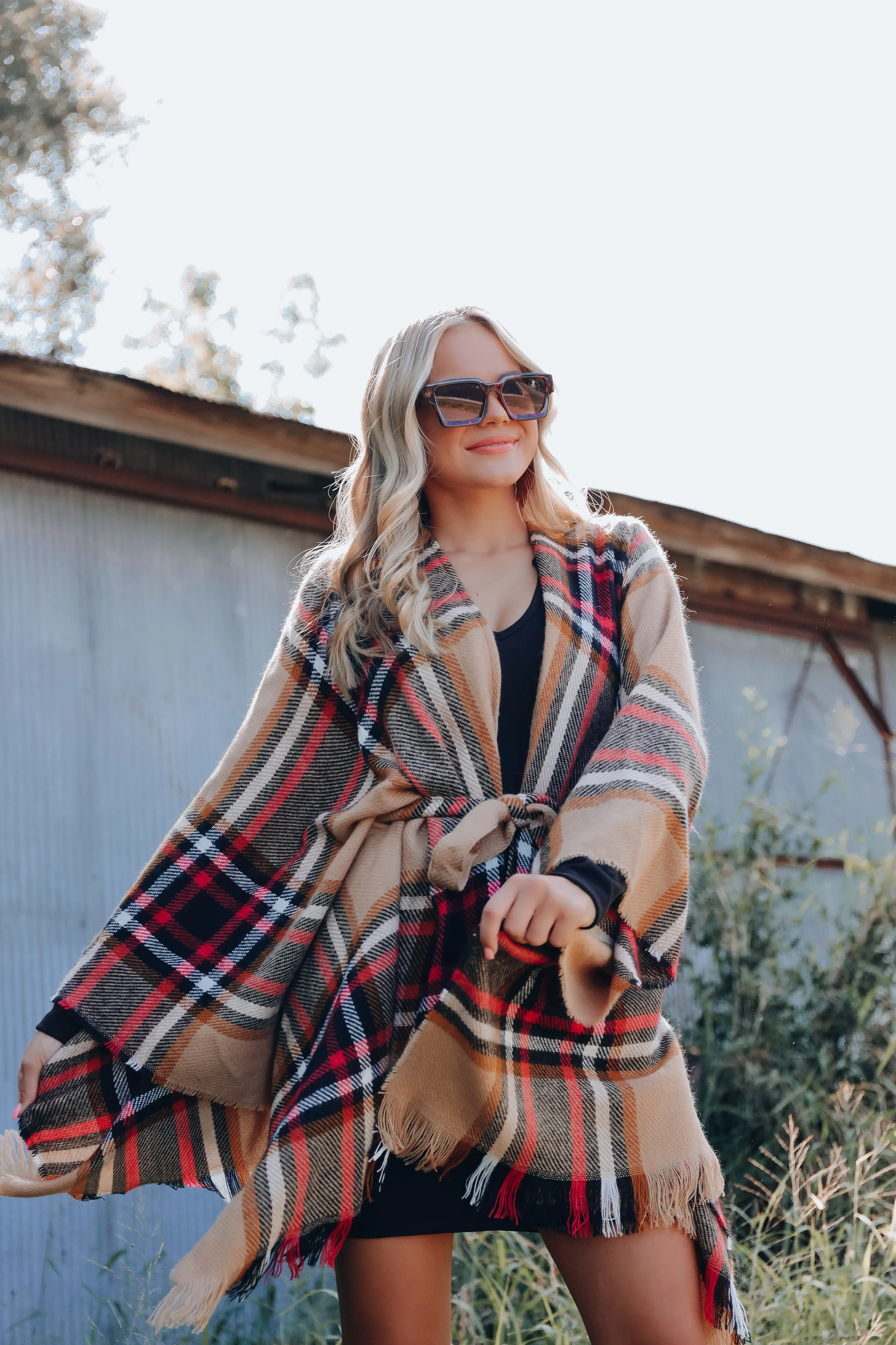 Ruana Belted Plaid Poncho - Tan/Red