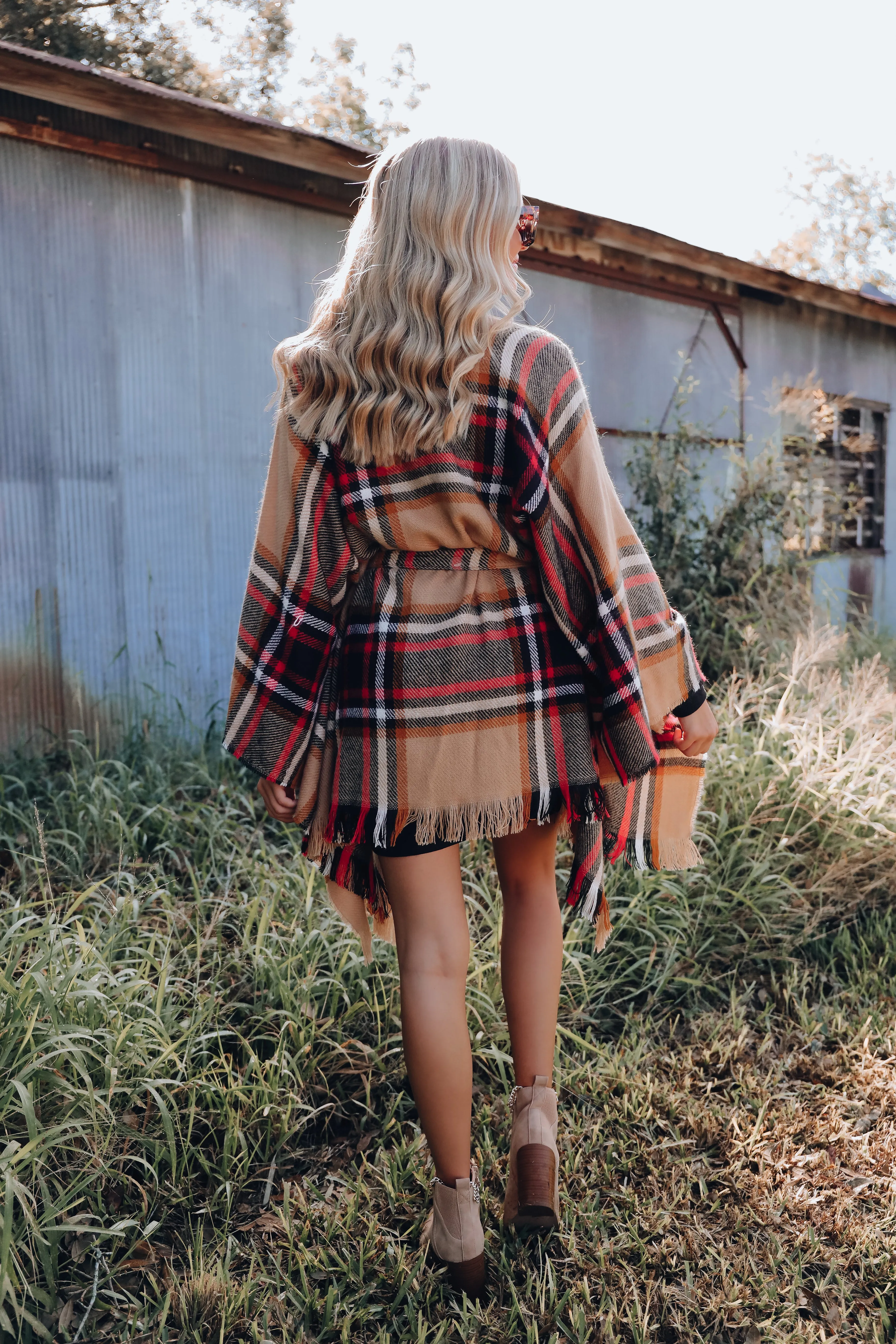 Ruana Belted Plaid Poncho - Tan/Red