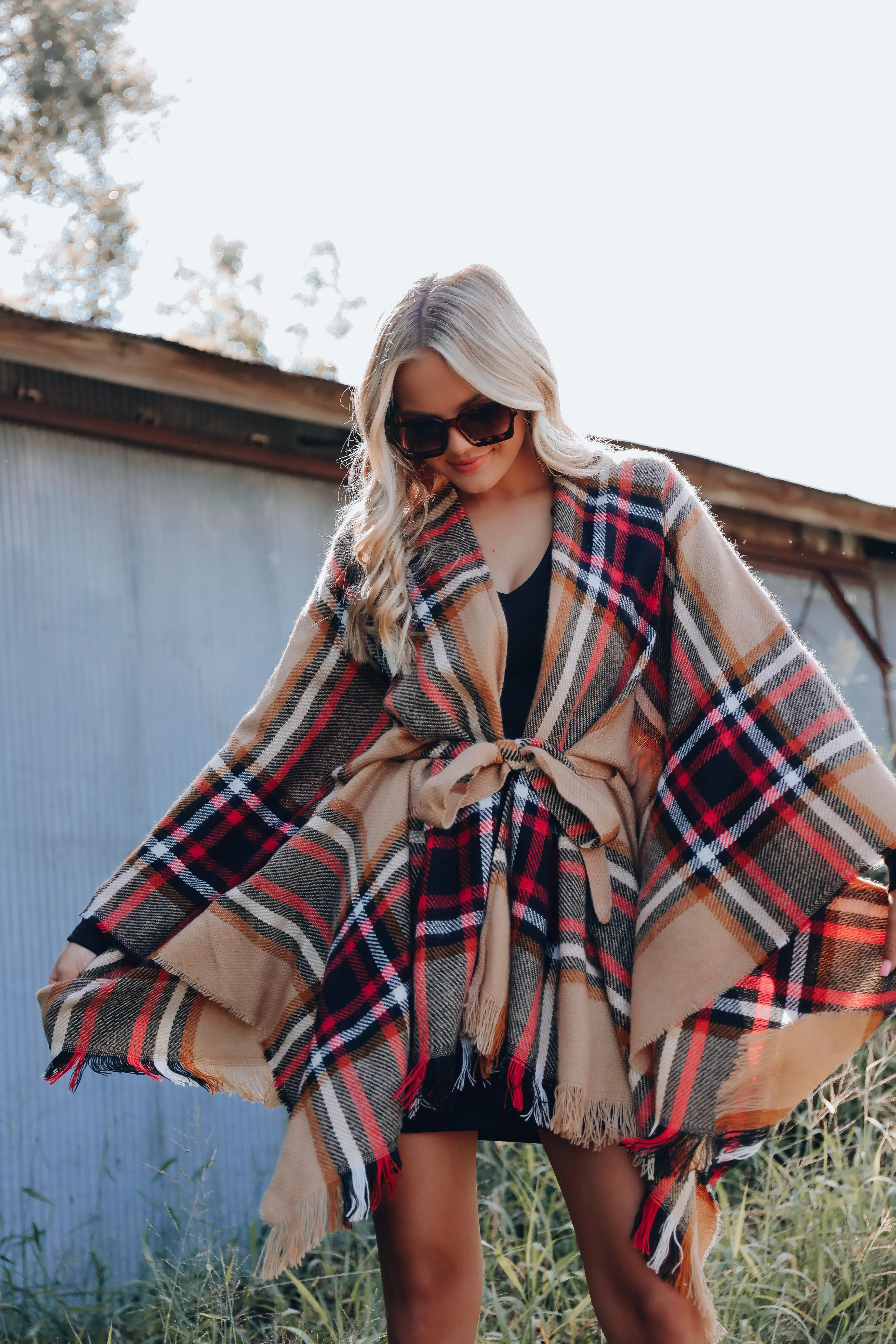 Ruana Belted Plaid Poncho - Tan/Red