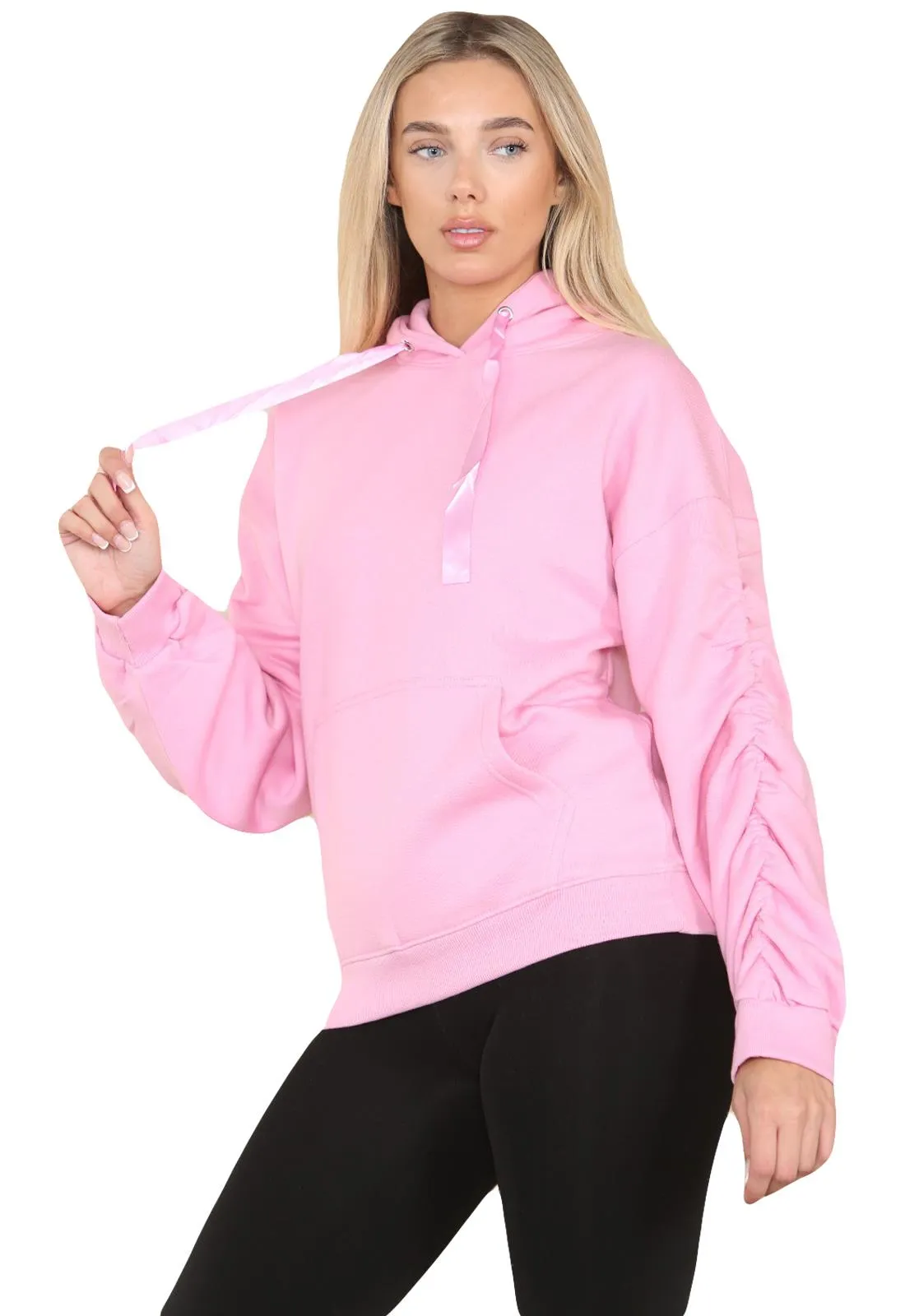 Ruched Sleeve Hoodie with Silk Ribbon Drawstring