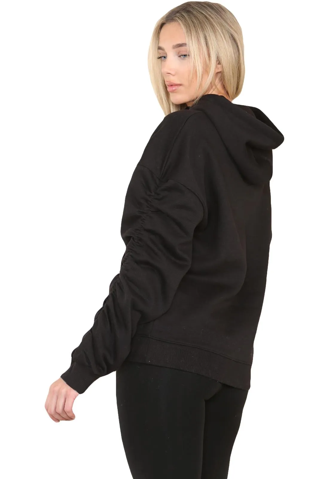 Ruched Sleeve Hoodie with Silk Ribbon Drawstring