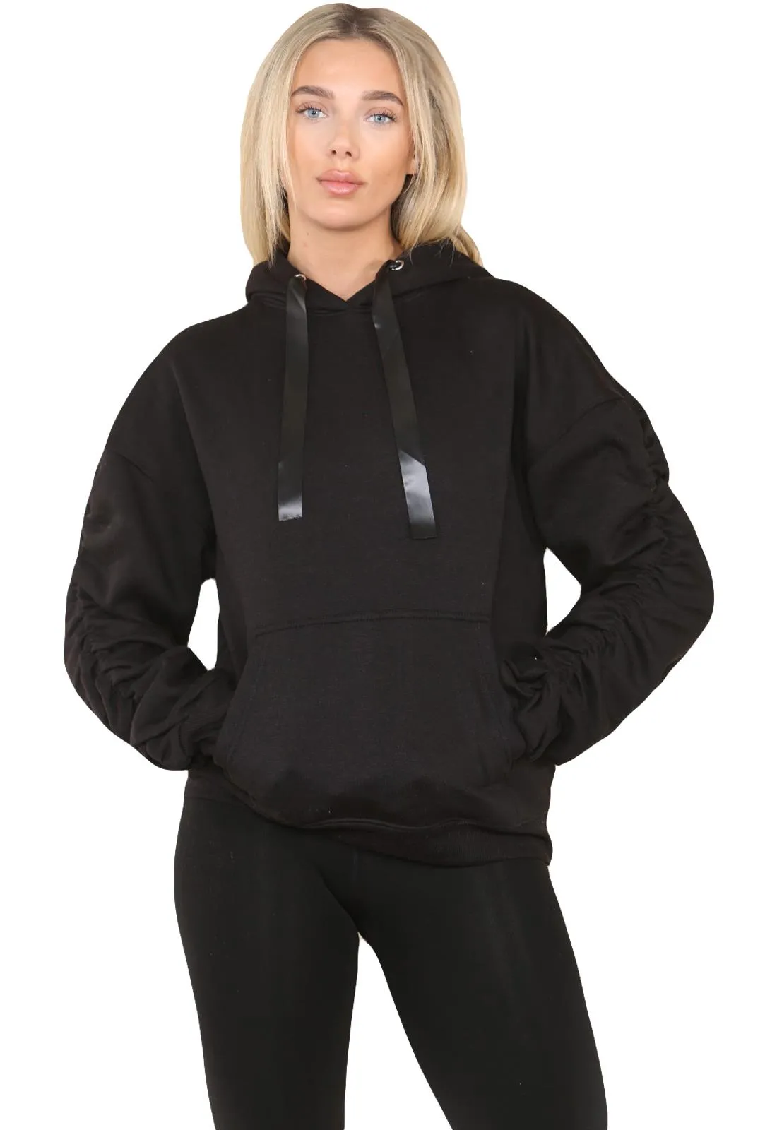 Ruched Sleeve Hoodie with Silk Ribbon Drawstring