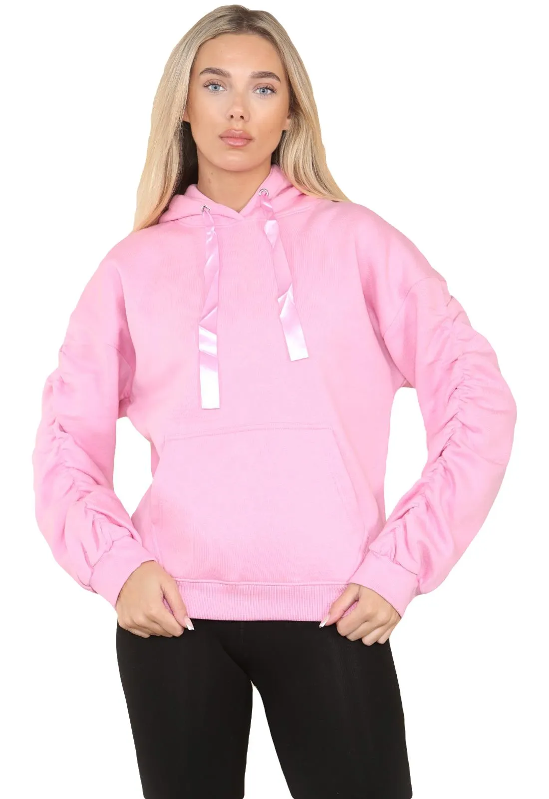 Ruched Sleeve Hoodie with Silk Ribbon Drawstring