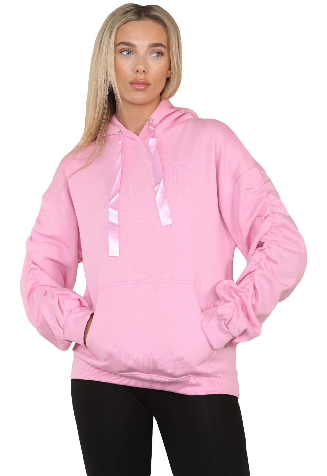 Ruched Sleeve Hoodie with Silk Ribbon Drawstring