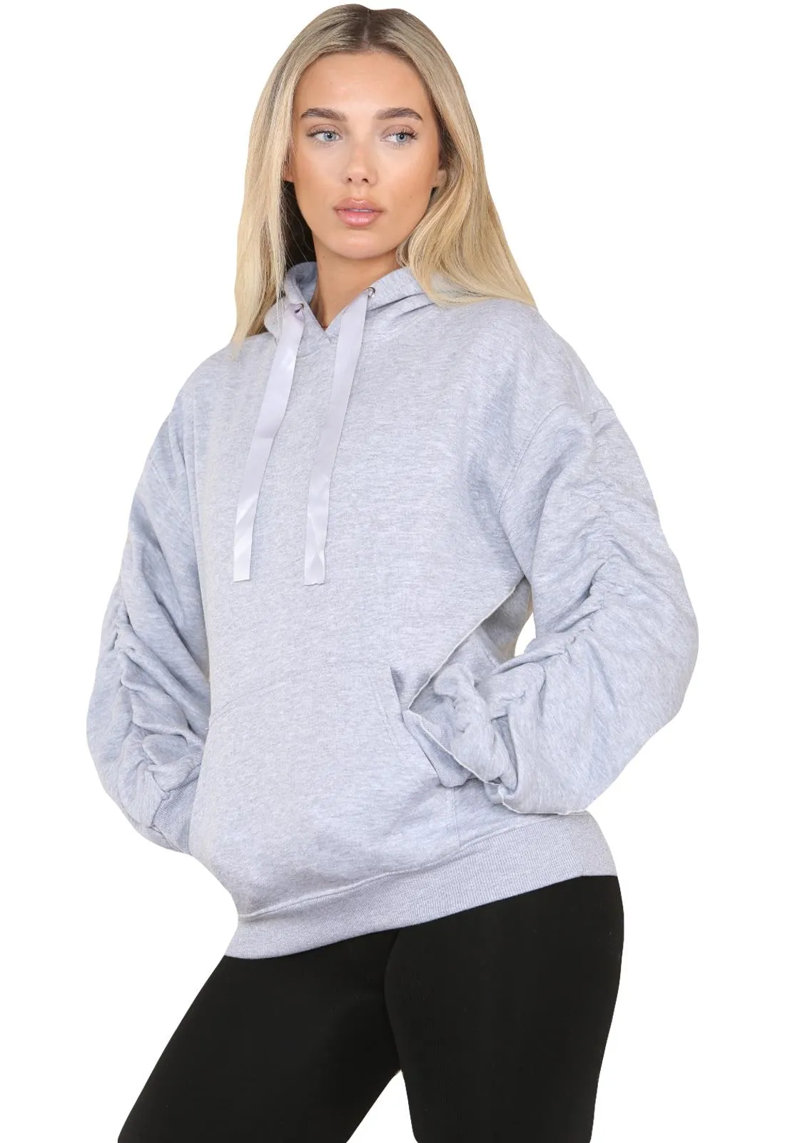 Ruched Sleeve Hoodie with Silk Ribbon Drawstring