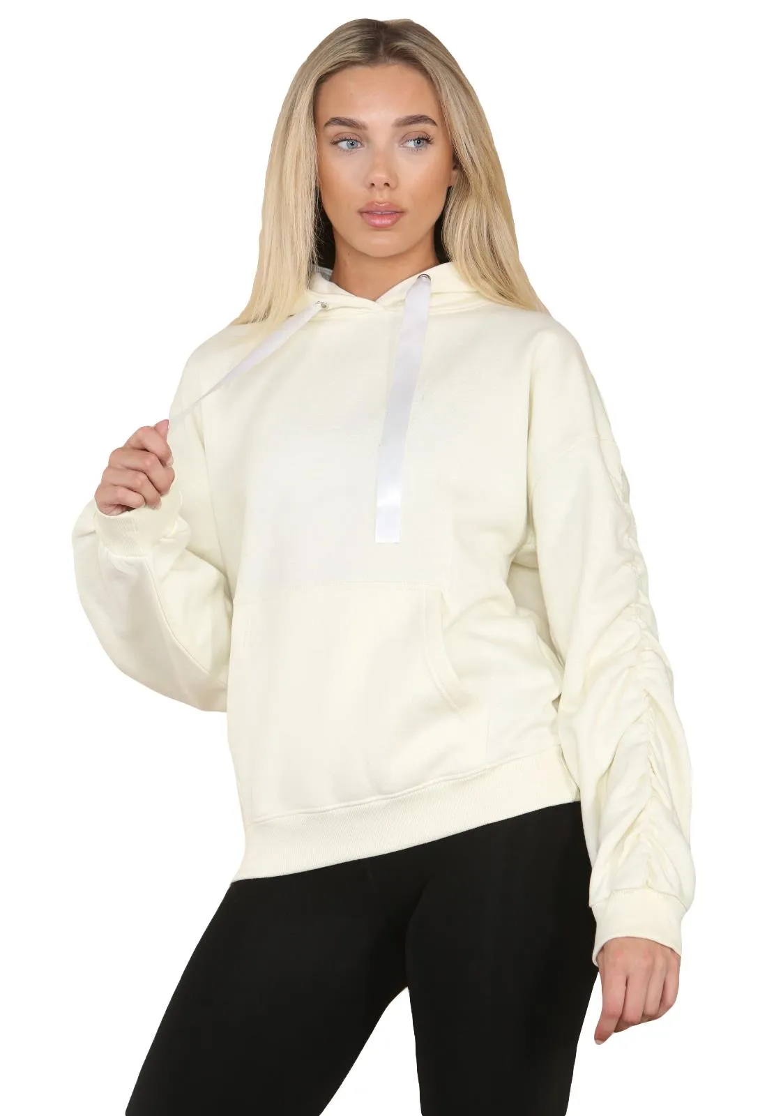 Ruched Sleeve Hoodie with Silk Ribbon Drawstring