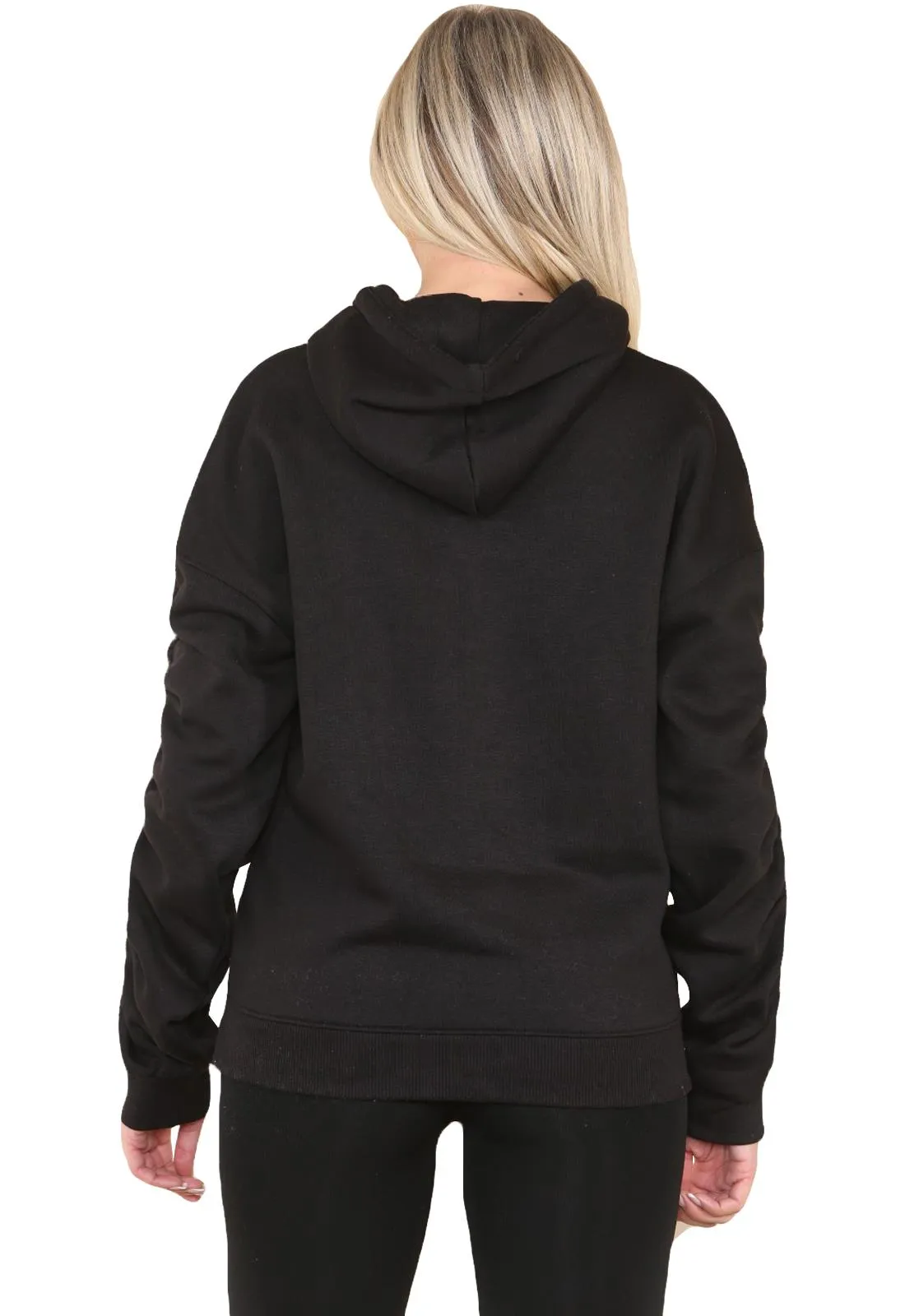 Ruched Sleeve Hoodie with Silk Ribbon Drawstring