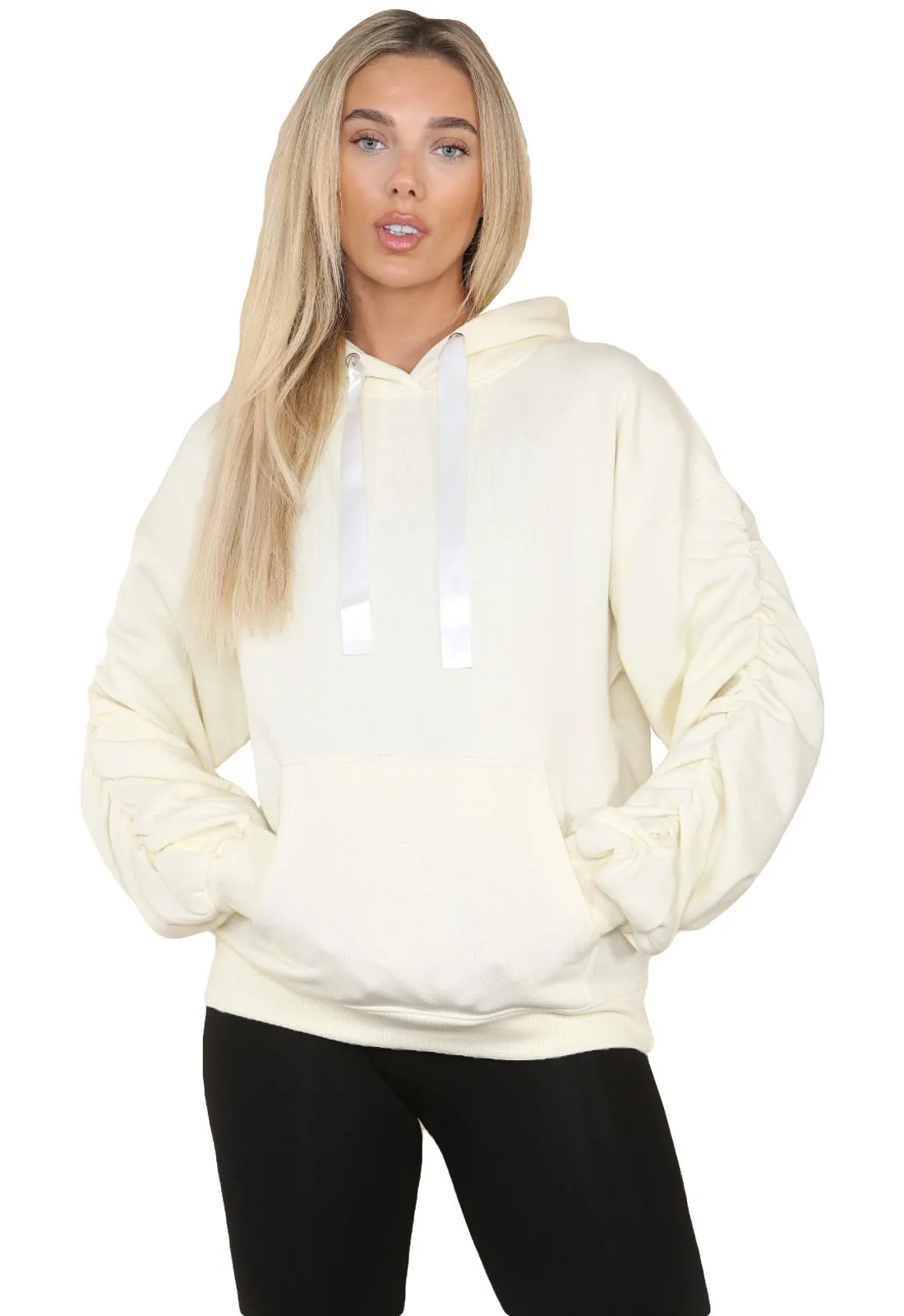 Ruched Sleeve Hoodie with Silk Ribbon Drawstring