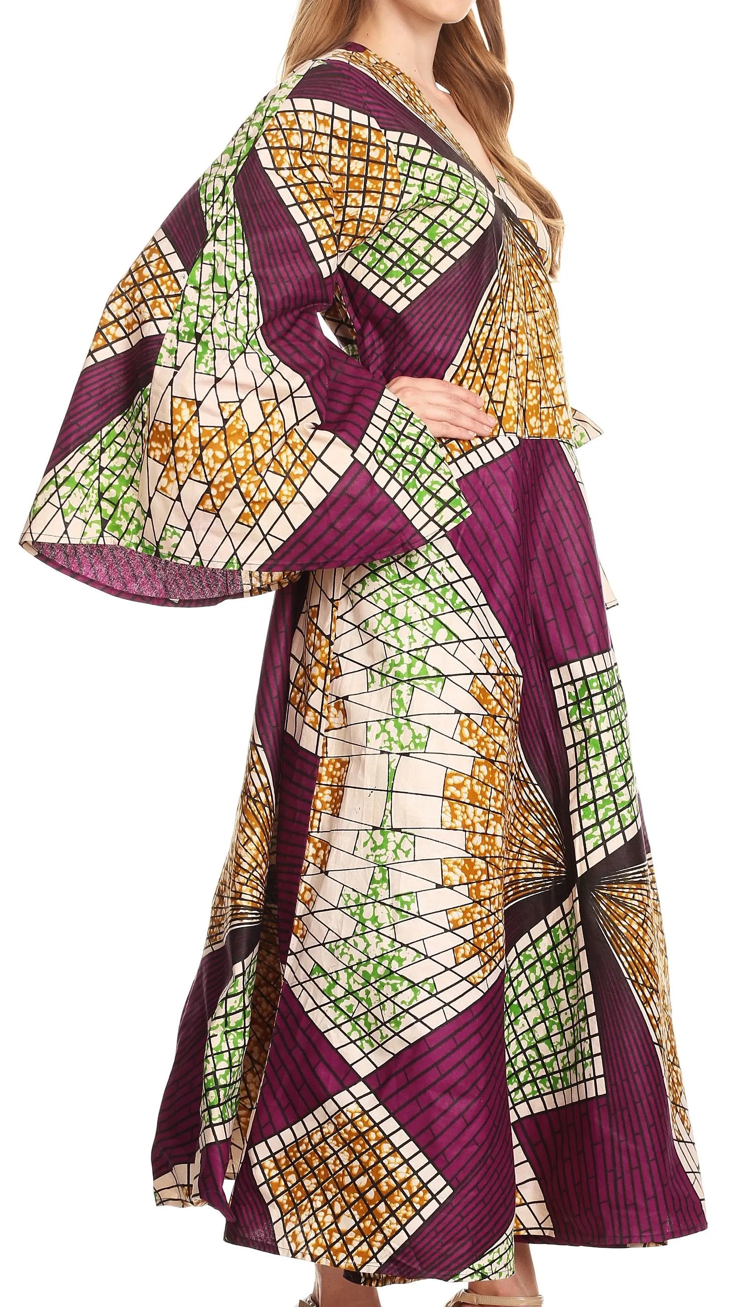 Sakkas Amina Long Wrap Around Bell Sleeve Full Circle Dress Ankara Wax African