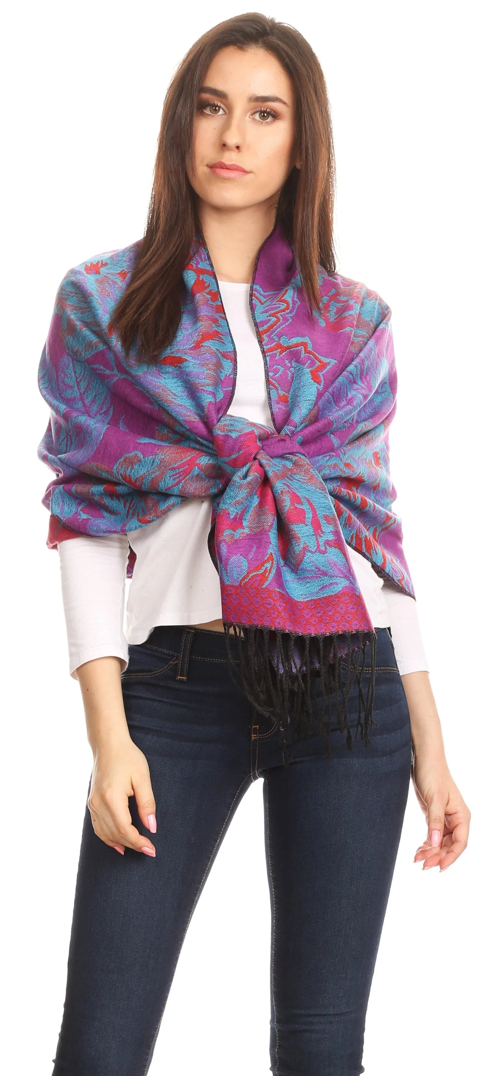 Sakkas Aurora Floral Rose Pashmina Scarf Shawl with Fringe Super Warm Soft Vegan