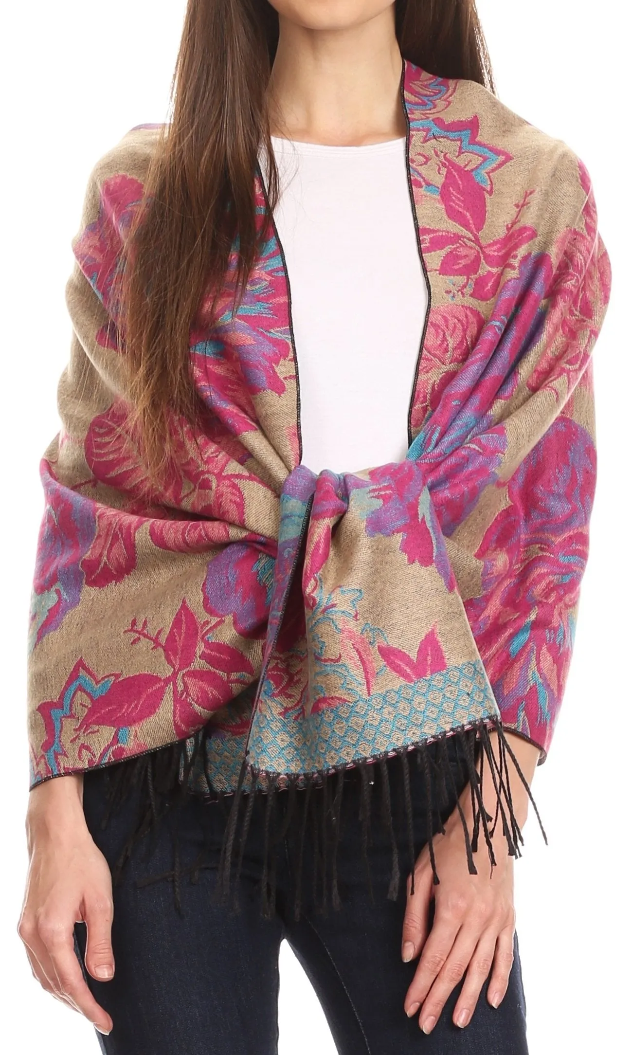 Sakkas Aurora Floral Rose Pashmina Scarf Shawl with Fringe Super Warm Soft Vegan